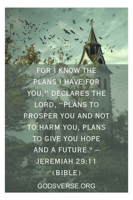 Campanário de igreja com pássaros voando, sobreposto com o versículo bíblico de Jeremias 29:11 sobre os planos de Deus. Perfeito para citações inspiradoras para a igreja.