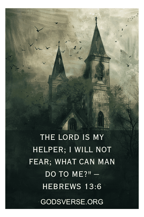 Uma igreja com dois campanários cercados por pássaros; o texto de Hebreus 13:6 e o URL do site na parte inferior: godsverse.org. Ele nos lembra de abraçar a paz com "Giving It to God Quotes" em nossos corações.
