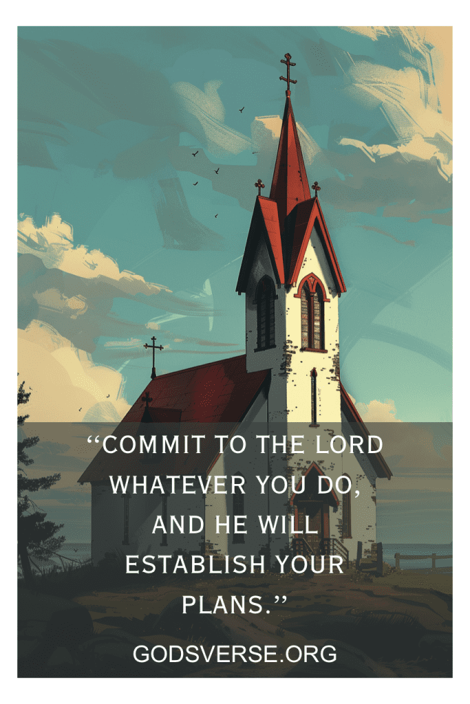         Ilustração de uma igreja com telhado vermelho, acompanhada do texto: "Entregue ao Senhor tudo o que você fizer, e Ele estabelecerá seus planos". GODSVERSE.ORG. Perfeito para quem procura versículos bíblicos para deixar ir e encontrar paz.