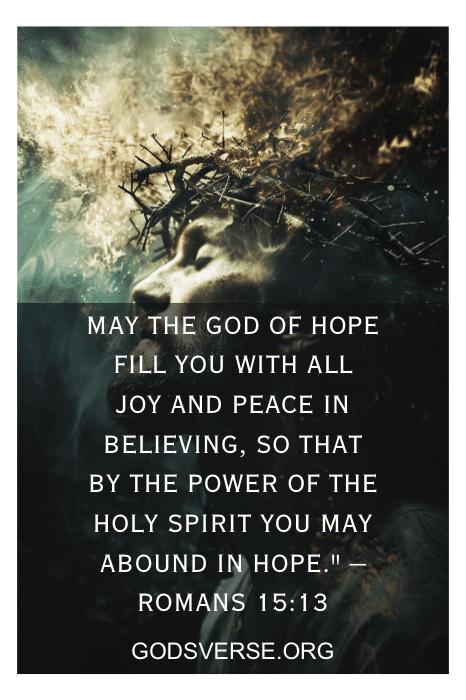 Representação artística de Jesus usando uma coroa de espinhos com uma citação de Romanos 15:13 e o site godsverse.org, que oferece inspiração para aqueles que buscam citações do Giving It to God.