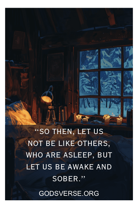 Uma cena de cabana aconchegante com uma janela com neve e velas acesas. Texto: "Estejamos acordados e sóbrios". GODSVERSE.ORG. Descubra versículos bíblicos sobre o sono para acompanhar seus momentos de paz.
