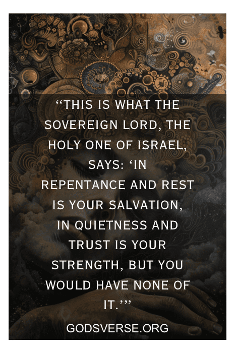 Fundo intrincado com citação na parte superior: "Isto é o que o Soberano Senhor, o Santo de Israel, diz..." promovendo versículos bíblicos sobre o sono. Visite GODSVERSE.ORG para obter mais inspiração.