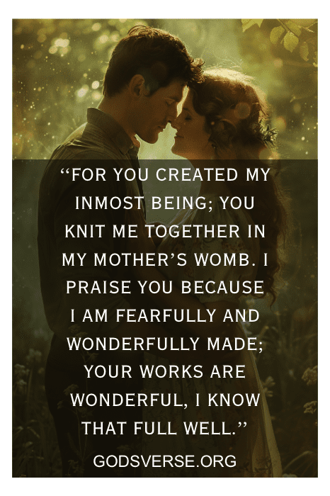A couple embraces in a forest with text overlay of Psalm 139:13-14, perfect Bible verses for expecting parents, and a website link to godsverse.org.