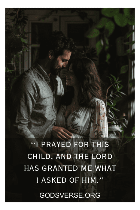 A couple hugging in a dimly lit room, with a quote about prayer and God from godsverse.org at the bottom, drawing inspiration from Bible verses for expecting parents.
