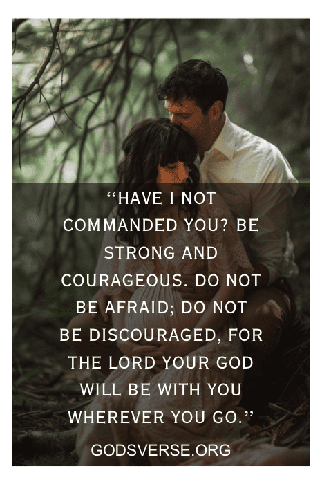 A couple in an intimate moment under trees with a Bible verse overlay: "Be strong and courageous... GODSVERSE.ORG - Bible Verses for Expecting Parents.
