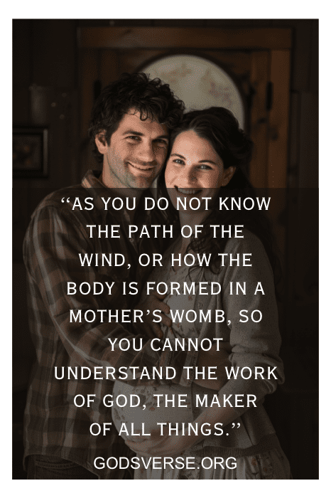 A smiling couple embraces. Text overlay reads, "As you do not know the path of the wind... the maker of all things." - Godsverse.org. Discover more Bible verses for expecting parents.