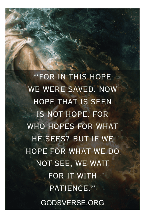 Abstract image of a storm with a quote about hope and patience, inspired by Bible Verses About Waiting on the Lord, in white text on a black background. Godsverse.org.