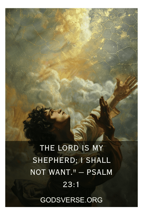 Uma pessoa olhando para cima com as mãos estendidas sob um céu brilhante, acompanhada pela sobreposição de texto do Salmo 23:1, incorpora a essência das citações do Giving It to God.