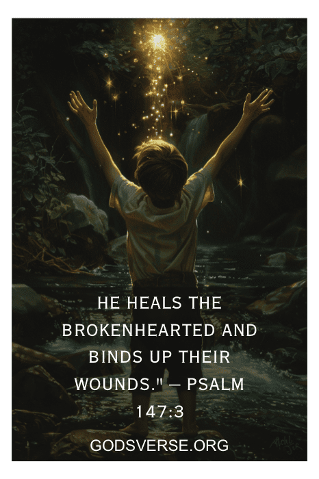 Uma criança estendendo a mão para luzes brilhantes em uma floresta; o texto diz "Ele cura os quebrantados de coração... Salmo 147:3, godsverse.org. Encontre conforto com Giving It to God Quotes.