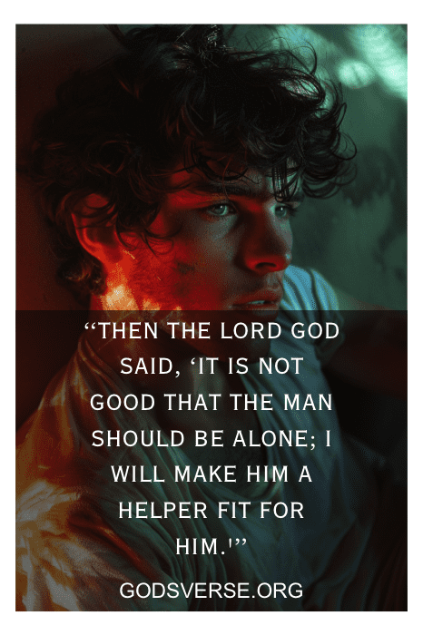 Jovem de cabelos cacheados olhando para longe, texto sobreposto: "Então o Senhor Deus disse..." e link para o site "godsverse.org" com versículos bíblicos sobre maridos.