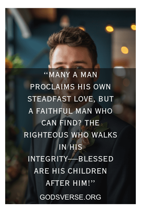 Um homem segurando flores com uma sobreposição de citação sobre amor inabalável e integridade do GodsVerse.org, inspirada em Versículos da Bíblia sobre maridos.