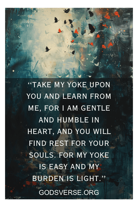 Arte abstrata com pássaros, apresentando o versículo bíblico "Take my yoke upon you... my burden is light" (Tome meu jugo sobre você... meu fardo é leve) de Godsverse.org. Essa peça incorpora lindamente os versículos bíblicos para deixar ir, oferecendo um lembrete visual de libertação e facilidade espiritual.