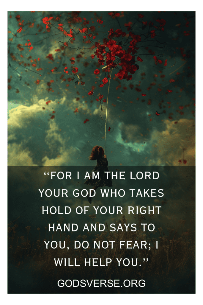 Uma pessoa segurando balões com flores sob um céu nublado, o texto "For I am the Lord your God..." (Porque eu sou o Senhor seu Deus...) e godsverse.org, que oferece versículos bíblicos para deixar ir.