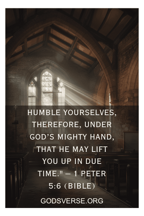 A luz do sol entra em uma igreja, destacando o versículo bíblico 1 Pedro 5:6: "Humilhem-se sob a poderosa mão de Deus". Esses momentos nos lembram do poder das escrituras e das citações para as reuniões da igreja.