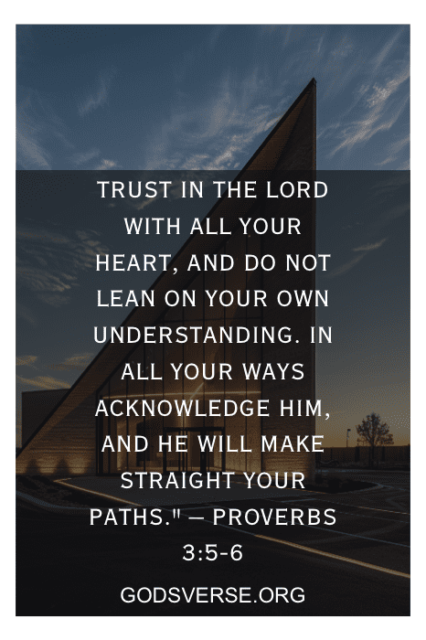 Edifício escuro ao pôr do sol com o texto de Provérbios 3:5-6: "Confie no Senhor... Ele endireitará os seus caminhos". Encontre mais inspiração com Giving It to God Quotes em Godverse.org.
