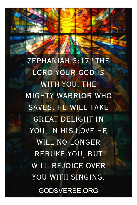 Vitral com o versículo bíblico Sofonias 3:17 e o site godsverse.org, um ponto de contato reconfortante para quem procura versículos bíblicos para se sentir sozinho.