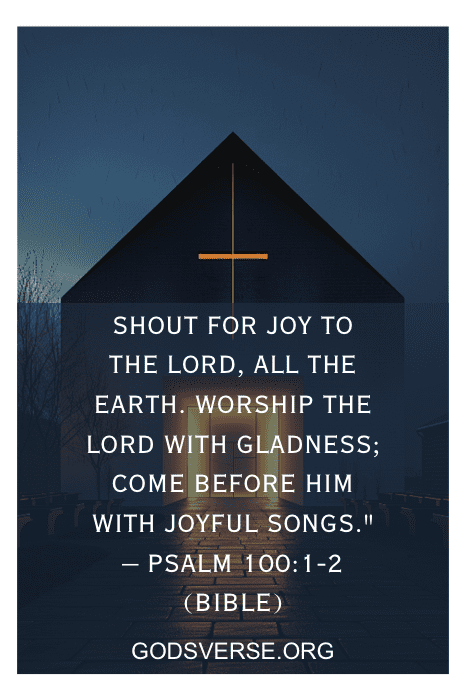 Uma igreja à noite com uma cruz iluminada, exibindo o texto do Salmo 100:1-2 da Bíblia e citações inspiradoras para a igreja.