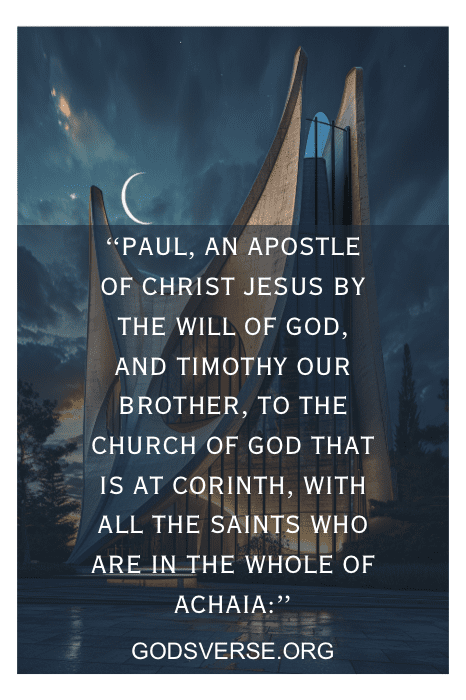 Um monumento alto à noite com uma lua crescente e uma citação da Bíblia sobre o Apóstolo Paulo. Texto: godsverse.org. Encontre mais versículos bíblicos para a Igreja.