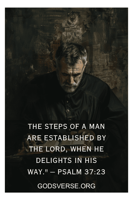 Homem idoso lendo sob luz fraca, com texto sobreposto "Salmo 37:23" sobre o fato de o Senhor estabelecer os passos de um homem. Essa imagem serena nos lembra do poder encontrado nas citações do Giving It to God.