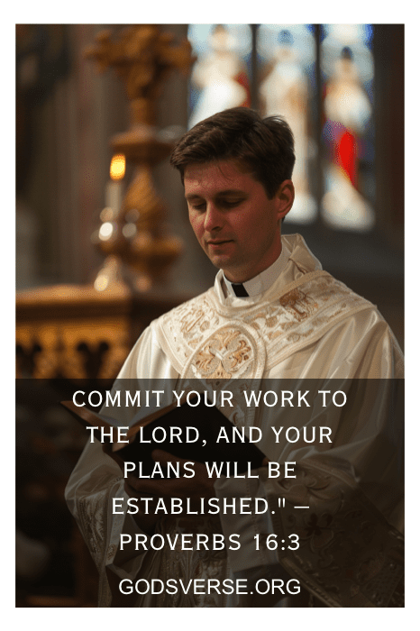 Um padre orando em uma igreja com um versículo bíblico de Provérbios 16:3 e um link de site exibido sobre a imagem, exemplificando as citações de Giving It to God.