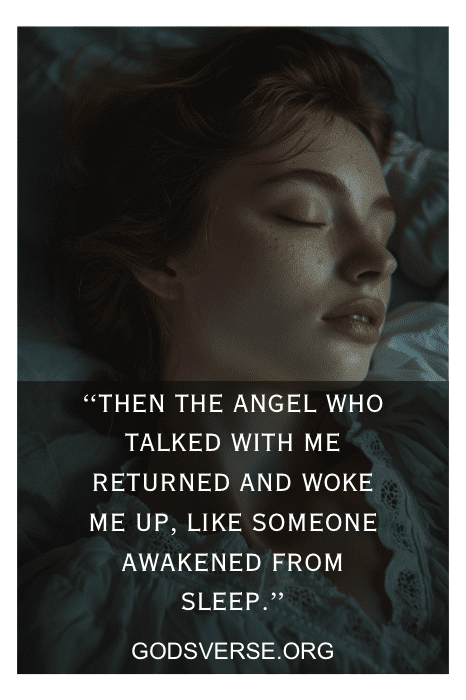 Uma pessoa dorme tranquilamente com uma sobreposição de texto que diz: "Então o anjo que falou comigo voltou e me acordou, como alguém que acorda do sono." Versículos bíblicos sobre o sono.