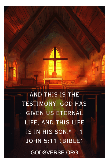 Um interior de igreja com iluminação quente e uma cruz. O texto contém o versículo bíblico 1 João 5:11 e uma referência a citações para a igreja.
