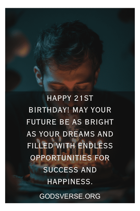 A man joyfully blows out the candles on a cake, surrounded by warmth and laughter, as a heartfelt "Happy 21st Birthday!" message with quotes for his beloved son overlays the scene.