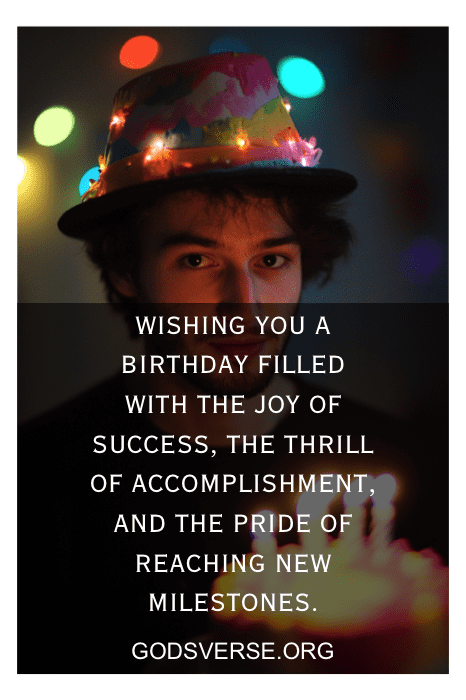 A person in a festive hat holds a cake glowing with candles, accompanied by heartfelt birthday quotes for their son's 21st celebration.