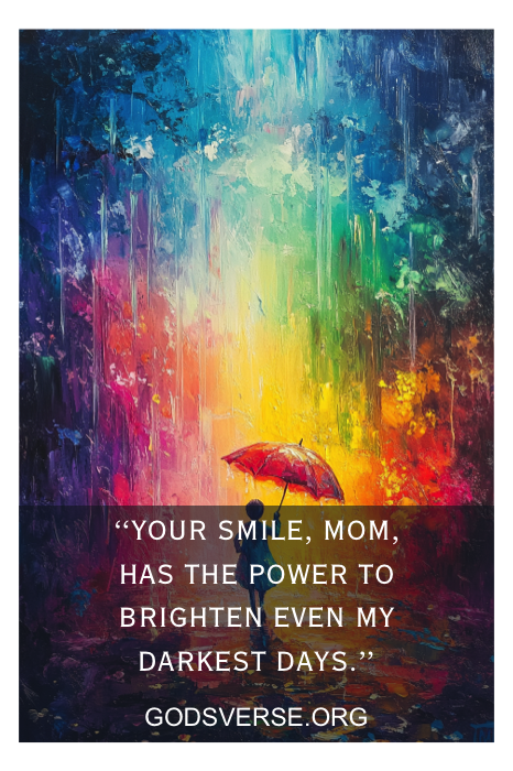 Uma cena colorida e abstrata de chuva apresenta uma pessoa sob um guarda-chuva, acompanhada de uma citação de filhos sobre como o sorriso de uma mãe ilumina até mesmo os dias mais sombrios.