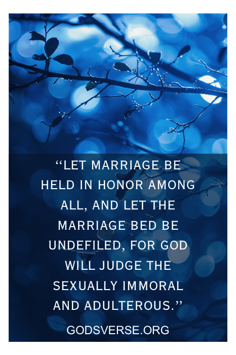 Imagem em tom azul de um galho de árvore com uma citação bíblica sobre casamento do site godsverse.org em sobreposição de texto branco, abordando sutilmente os temas encontrados em Versículos bíblicos sobre luxúria e adultério.