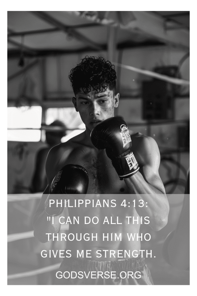 Imagem em preto e branco de um boxeador com sobreposição de texto citando Filipenses 4:13 de Bible Verses on Not Giving Up e do site GodsVerse.org.