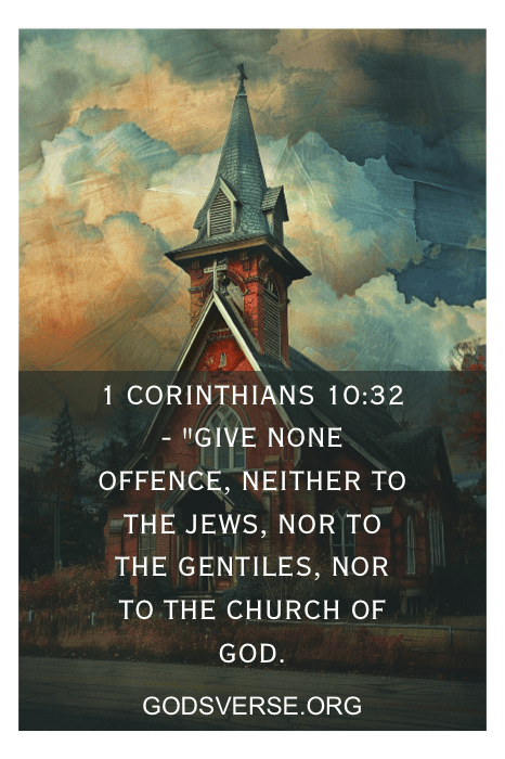 Igreja antiga com um céu nublado como pano de fundo, sobreposto com a citação de 1 Coríntios 10:32 e o texto "GODSVERSE.ORG" na parte inferior.