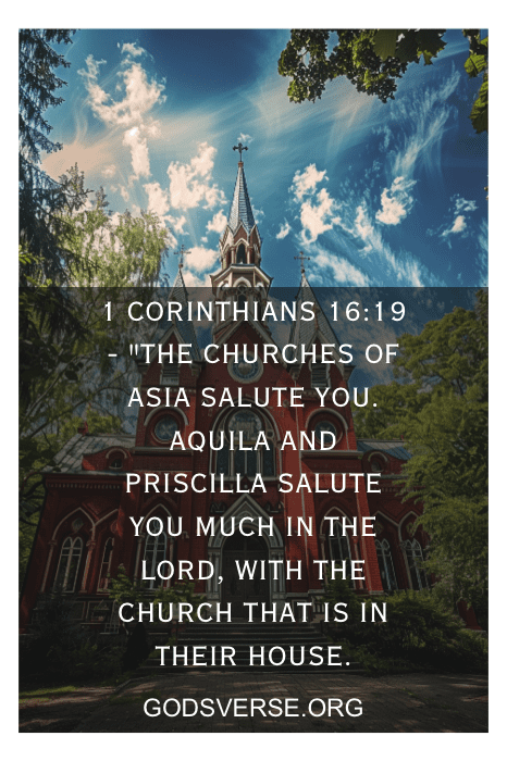 Uma igreja emoldurada por árvores, com um versículo bíblico de 1 Coríntios 16:19 e o site godsverse.org sobrepostos na imagem.