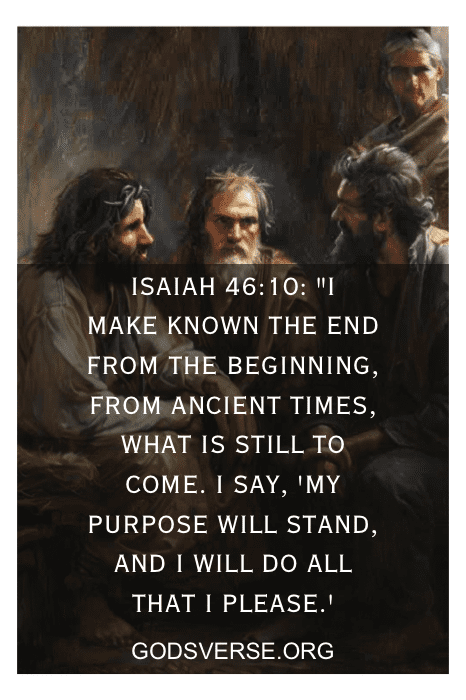 Pintura de quatro homens com uma citação bíblica de Isaías 46:10, representando o propósito e a vontade de Deus. Texto: GODSVERSE.ORG.