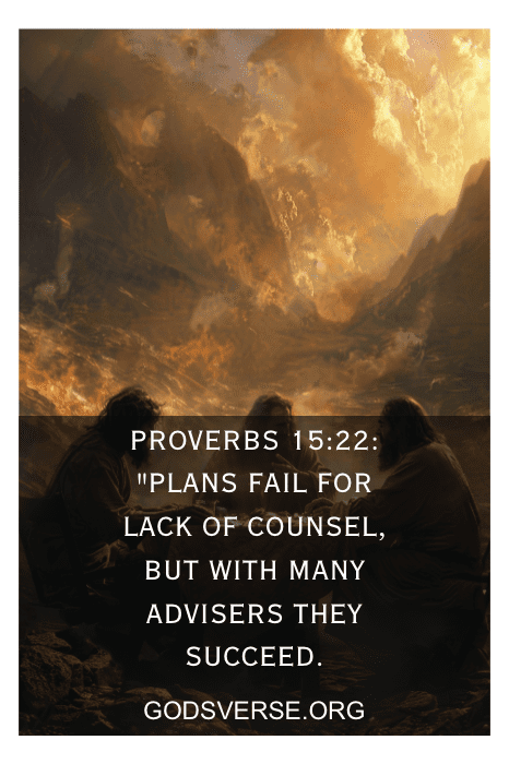 Três pessoas em discussão com luz dramática; citação de Provérbios 15:22 sobre conselho e sucesso; godsverse.org.