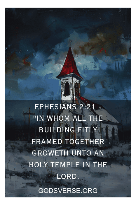Pintura de uma igreja com telhado vermelho em meio a um céu tempestuoso, sobreposta com Efésios 2:21 e o texto godverse.org.