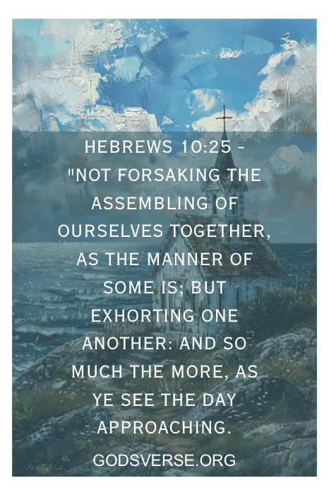 O texto sobre uma pintura de um farol e do oceano diz "Hebreus 10:25", com uma mensagem sobre reunir e exortar uns aos outros.