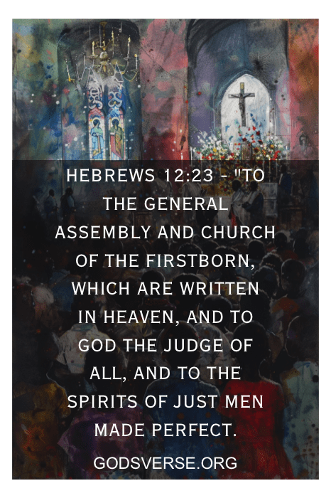 Pintura abstrata de igreja com sobreposição de texto de Hebreus 12:23 e o site godsverse.org na parte inferior.