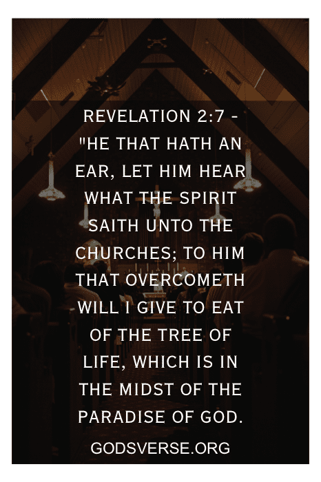 Uma igreja mal iluminada com Apocalipse 2:7 escrito em texto branco e o site godsverse.org na parte inferior.