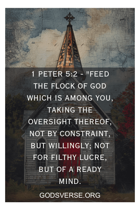 Igreja rústica com a escritura de 1 Pedro 5:2 sobreposta à imagem. O texto menciona o cuidado voluntário com o rebanho de Deus.