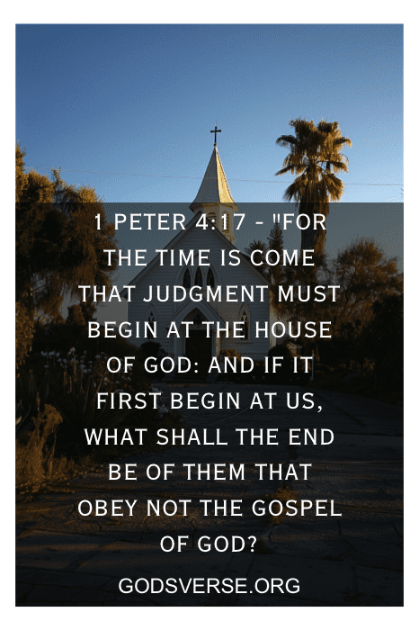 Uma igreja com a citação de 1 Pedro 4:17 e o texto "godsverse.org" sobreposto à imagem.