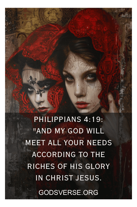 Duas mulheres com capuzes vermelhos e expressões intensas, sobreposição de texto: Filipenses 4:19 e um link para o site de versículos bíblicos sobre inveja.