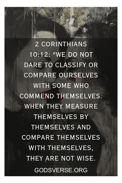 Um fundo escuro sujo com texto citando 2 Coríntios 10:12 da Bíblia, abordando o conceito de comparação e inveja. Fonte: godsverse.org.