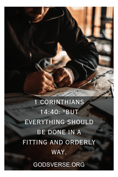 Pessoa escrevendo em um papel, com texto sobreposto: "1 Coríntios 14:40: 'Mas tudo deve ser feito de maneira adequada e ordenada.' godsverse.org.