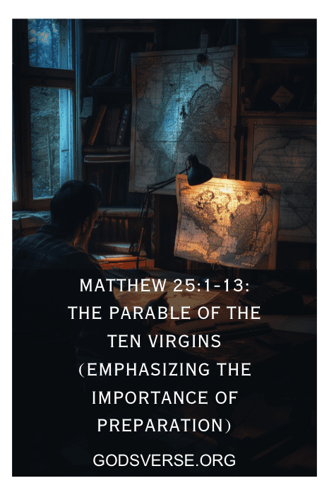 Uma pessoa estuda mapas em uma sala pouco iluminada. Texto: "Mateus 25:1-13: A Parábola das Dez Virgens (Enfatizando a Importância da Preparação) godsverse.org.