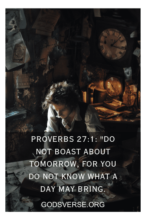 Uma pessoa sentada em uma mesa desordenada com vários itens, iluminada por uma luz quente. O texto diz: "Provérbios 27:1.