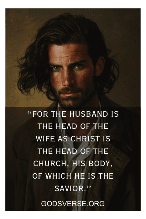 Um homem com cabelo comprido e barba, acompanhado de uma citação sobre maridos e a liderança de Cristo do Godsverse.org, resume perfeitamente as citações sobre homens em funções de liderança.