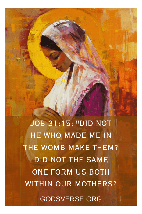 Pintura de uma mulher de perfil com uma auréola, segurando sua barriga de grávida, sobreposta com o texto de Jó 31:15 e um link para o site.