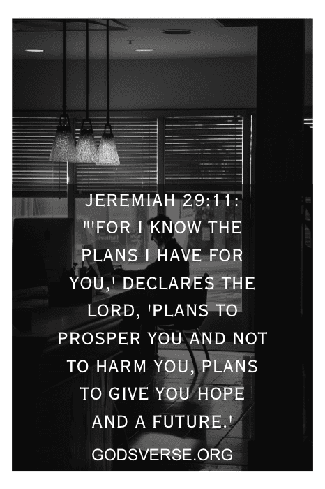 Black and white image of a kitchen with Jeremiah 29:11 scripture text overlay and godsverse.org at the bottom. Perfect for those seeking Bible Verses for Stress at Work.