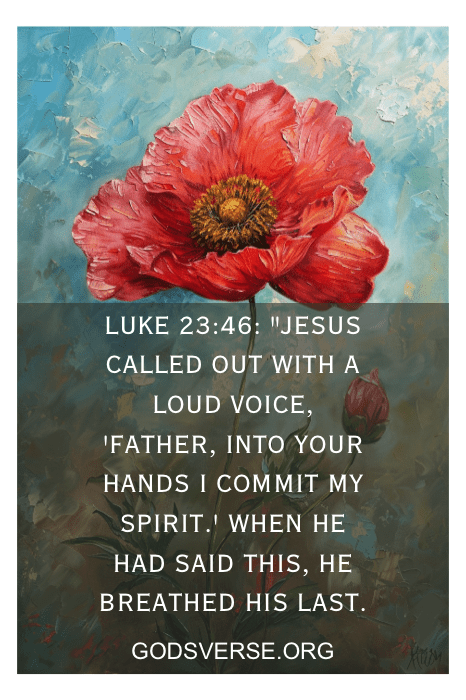 Uma pintura de flores vermelhas com o versículo bíblico Lucas 23:46 e o texto "godsverse.org" sobreposto, oferecendo conforto com versículos bíblicos para os idosos que estão morrendo.